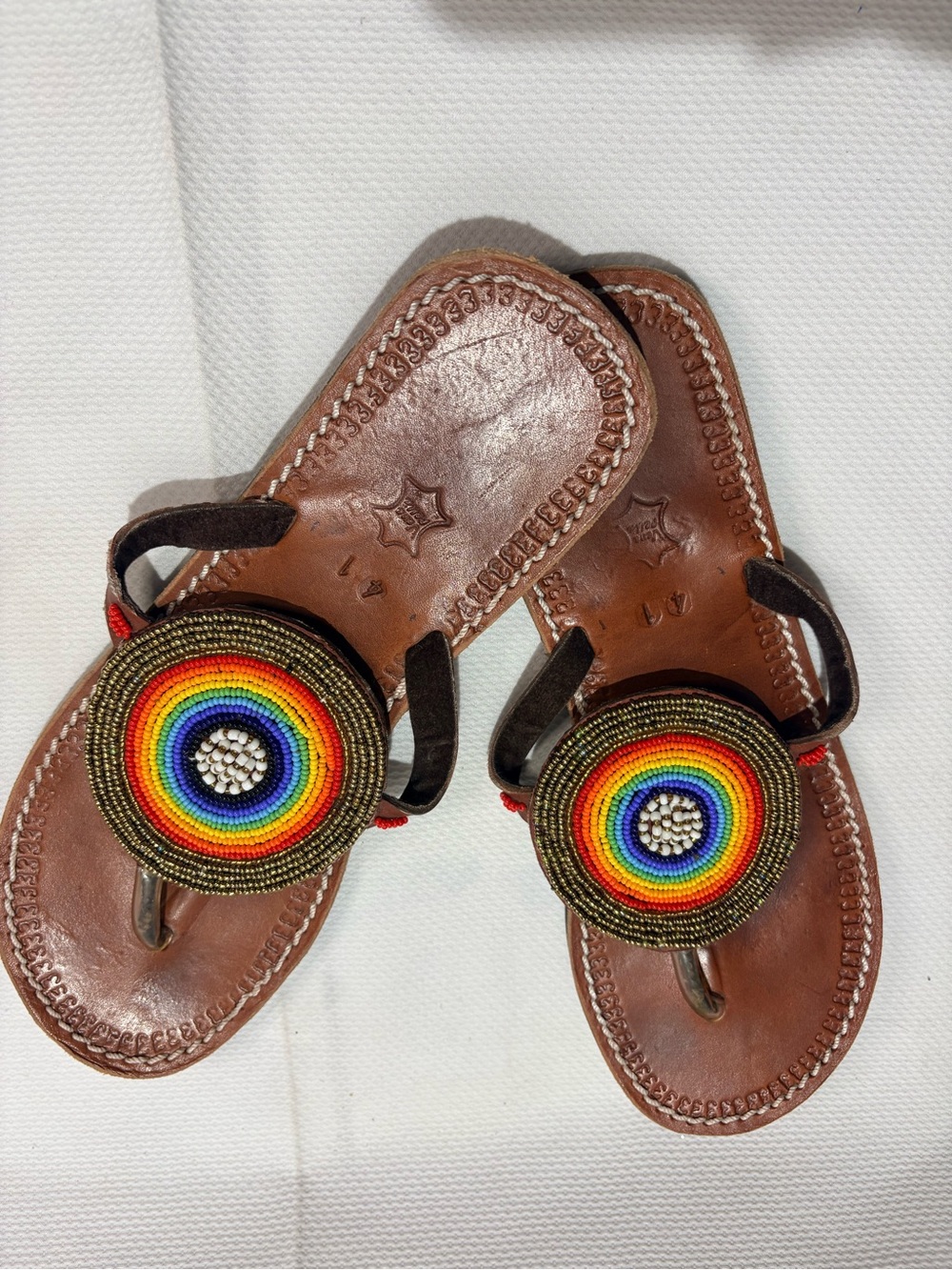 Vera Pelle Brown Leather Sandals with Rainbow Bead Medallions